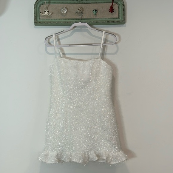 Sugar Thrillz white tinsel ruffle hem Holli Would mini dress large new w tag - Picture 1 of 10
